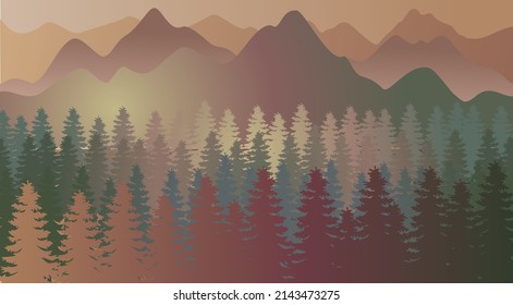 Abstract vector image of mountain range and evergreen forest in the foreground. 
Vector landscape. Panorama of mountains.