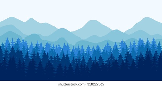 Abstract vector image of mountain range and evergreen forest in the foreground. Vector landscape. Panorama of mountains. Natural shades. Mountains and trees in the blue tones.