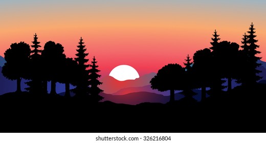 Abstract vector image of mountain scenery with sunset, sunrise. The outline line forests of evergreen trees and deciduous trees in the foreground and a multi-level mountain range in the background. 