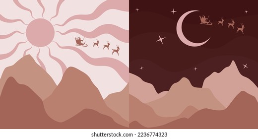 Abstract Vector Image Of The Mountains. Santa Claus And The Reindeer. SunShine, Sunlight, MoonLight. Day and Night