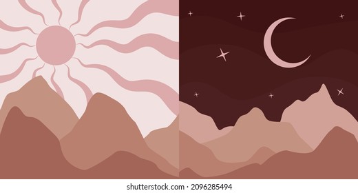 Abstract Vector Image Of The Mountains. SunShine, Sunlight, MoonLight. Day and Night