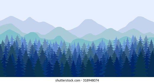 Abstract vector image of multi ridge and evergreen forest in the foreground. Illustrations in dark blue colors.