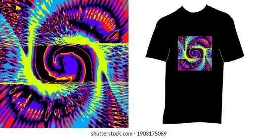 Abstract vector image of a multi-colored psychedelic fractal and its commercial application on a t-shirt.