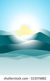 Abstract vector image of a multilayer ridge with a mirror reflection in water. Abstract vector image of bright sun halo above the mountains or glacier multilevel.