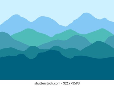 Abstract vector image of a multi-level ridge in the blue-green tones. Mountain landscape. Mountains of different heights.