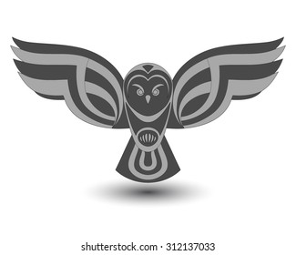 abstract vector image of an owl with open wings. logo. emblem. gray and black paint.