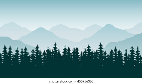 The abstract vector image. Panorama of mountain ridges with forest in the foreground. Background ridge with spruce forest in the foreground. Coniferous forest. Background. Landscape. Horizon.