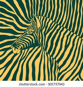 Abstract vector image of the profile of the head black and yellow zebra background zebra on a black and yellow stripes. cloth. wallpaper.