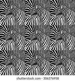 Abstract vector image of the profile of the head black and white zebra background zebra on a black and white stripes. cloth. wallpaper. 9 duplicate images. repetition of images