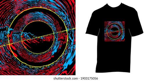 Abstract vector image of a red, blue, yellow and black psychedelic fractal and its commercial application on a t-shirt.
