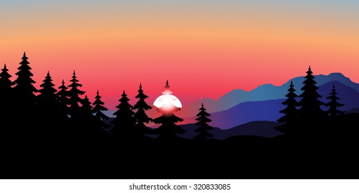 Abstract vector image of a red moon in the mountains. Supermoon on the background of of mountain scenery. Sunset, sunrise in the mountains. Silhouette of a forest on the background of a mountain range.