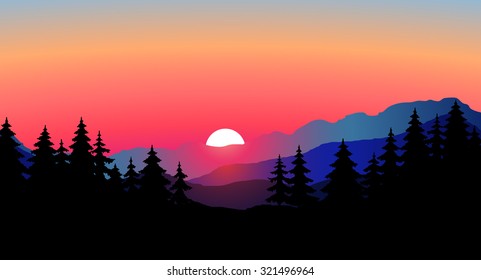 Abstract vector image of red moon in the mountains. Moon on the background of of mountain scenery.Sunset, sunrise in the mountains of gradient fills.Silhouette forest on a background of mountains