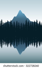 abstract vector image reflection mountains and dense forest on the shores of the water lake, river. Mountain landscape. Reflection in the water of the forest and high mountains. Acute mountain peak.