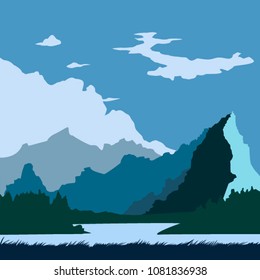 The abstract vector image reforestation in the foreground and different levels of the mountains in the background. Mountain landscape. Forest in the mountains. Untouched nature. Majestic mountains.