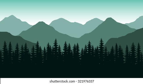 The abstract vector image reforestation in the foreground and different levels of the mountains in the background. Mountain landscape. Forest in the mountains. Untouched nature. Majestic mountains.