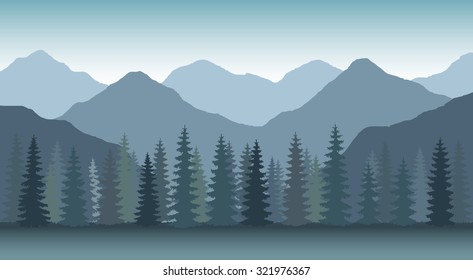 The abstract vector image reforestation in the foreground and different levels of the mountains in the background. Mountain landscape. Forest in the mountains. Untouched nature. Majestic mountains.