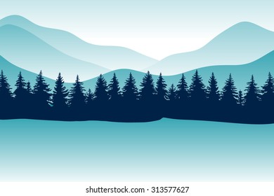 abstract vector image strips of pine forest on the background of snowy mountains. evergreen forest on the background of the iceberg, glacier. Trees on the background of the glacier.