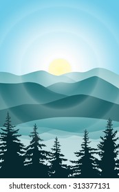 Abstract vector image of the sun with a halo over the hills and pine forests in the foreground. Abstract vector image of a multilayer mountain range with a mirror reflection in water.