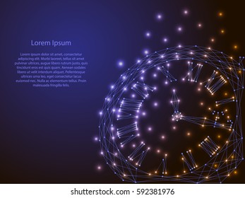 abstract vector image switches hours of polygonal lines and glowing stars on a dark background