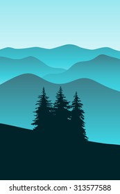 Abstract vector image of three fir trees on a mountain slope in the background of the blue mountains or against the backdrop of a glacier, iceberg. mountain landscape, picture. vertical image.