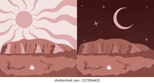 Abstract Vector Image Of The Uluru Plateau Of Australia. Bonfire, Aborigines Playing The Didgeridoo. Day and Night