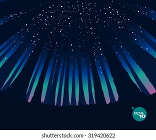 Abstract vector image of a wide angle lens (fish-eye filter) vertical tree trunks in a dense forest tending upwards against the starry sky. Starry Night in the woods. Northern Lights.