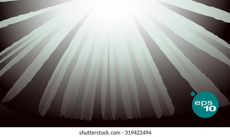 Abstract vector image of a wide angle lens (fish-eye filter) vertical tree trunks in a dense forest tending upwards. Sunny day in the woods. The sun's rays make their way through the dense forest.