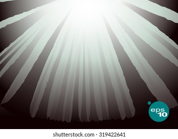 Abstract vector image of a wide angle lens (fish-eye filter) vertical tree trunks in a dense forest tending upwards. Sunny day in the woods. The sun's rays make their way through the dense forest.