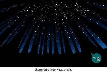 Abstract vector image of a wide angle lens (fish-eye filter) vertical tree trunks in a dense forest tending upwards. Abstract vector image of a starry night in the thick forest. 
