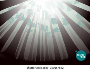 Abstract vector image of a wide angle lens (fish-eye filter) vertical tree trunks in a dense forest tending upwards. Sunny day in the woods. The sun's rays make their way through the dense forest. 