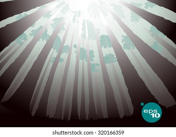 Abstract vector image of a wide angle lens (fish-eye filter) vertical tree trunks in a dense forest tending upwards. Sunny day in the woods. The sun's rays make their way through the dense forest. 