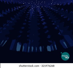 Abstract vector image wide-angle lens (fish-eye filter) vertical tree trunks in a dense forest, seeking up against a starry sky. Starry Night in the woods. Fantastic starry forest night. Night