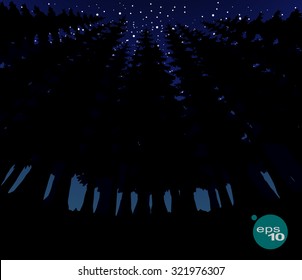 Abstract vector image wide-angle lens (fish-eye filter) vertical tree trunks in a dense forest, seeking up against a starry sky. Starry Night in the woods. Fantastic starry forest night. Night.