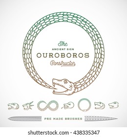 Abstract Vector Infinite Ouroboros Snake Symbol, Sign or a Logo Constructor in Line Style. Tails to make Brushes of Them. Five Different Heads and Two Type of Bodies. Isolated.