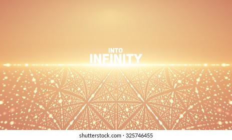 Abstract vector infinity background. Glowing stars with illusion of depth and perspective. Abstract futuristic space on orange background. Abstract sunrise.