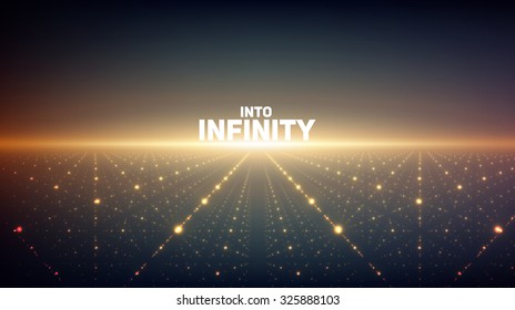 Abstract Vector Infinity Background. Glowing Stars With Illusion Of Depth And Perspective. Abstract Futuristic Space On Dark Background. Abstract Sunrise.