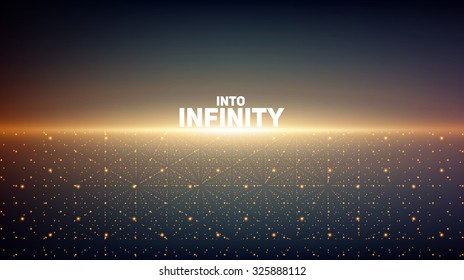 Abstract vector infinity background. Glowing stars with illusion of depth and perspective. Abstract futuristic space on dark background. Abstract sunrise.