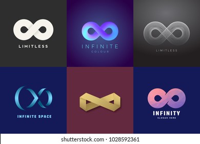 Abstract Vector Infinity Symbols Set. Modern Gradients And Typography, Soft Shadows. A Collection Of Limitless Sign Logo Templates On Dark Backgrounds.