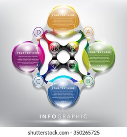 Abstract vector info graphic. Modern design style infographic template for 4 options. Designed with realistic transparent glass shine and shadow on the white background. Vector illustration. Eps10.