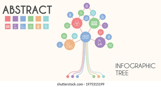 abstract vector infographic tree. line icon style. abstract related icons such as news, storm, pine, foam, bar graph, stamp, pie chart, thread, rgb, ace of diamonds, lion