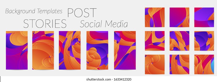 Abstract vector Instagram background set with bright gradient wavy organic overlapping shapes grunge textured. Fluid wavy lines.Template for seasonal sale advertising  marketing technology.