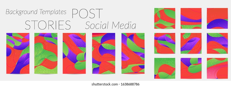 Abstract vector Instagram background set with bright gradient wavy organic overlapping shapes grunge textured. Fluid wavy lines.Template for seasonal sale advertising  marketing technology.