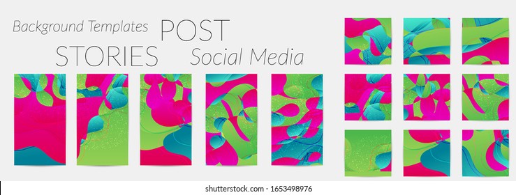 Abstract vector Instagram background set with bright gradient wavy organic overlapping shapes grunge textured. Fluid wavy lines.Template for seasonal sale advertising  marketing technology.