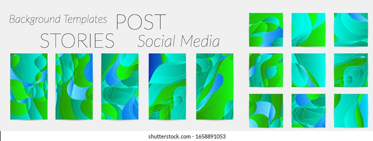 Abstract vector Instagram background set with bright gradient wavy organic overlapping shapes grunge textured. Fluid wavy lines.Template for seasonal sale advertising  marketing technology.