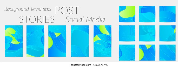 Abstract vector Instagram background set with bright gradient wavy organic overlapping shapes grunge textured. Fluid wavy lines.Template for seasonal sale advertising  marketing technology.
