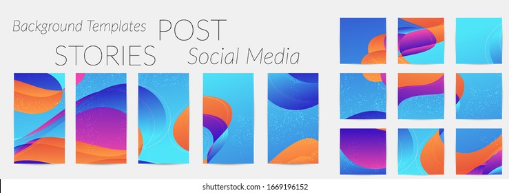 Abstract vector Instagram background set with bright gradient wavy organic overlapping shapes grunge textured. Fluid wavy lines.Template for seasonal sale advertising  marketing technology.