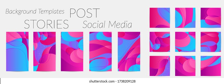 Abstract vector Instagram background set with bright gradient wavy organic overlapping shapes grunge textured. Fluid wavy lines.Template for seasonal sale advertising  marketing technology.