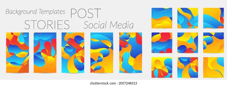 Abstract vector Instagram background set with bright gradient wavy organic overlapping shapes grunge textured. Fluid wavy lines.Template for seasonal sale advertising  marketing technology.