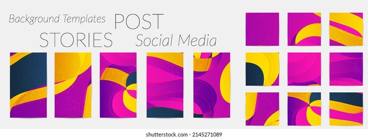 Abstract vector Instagram background set with bright gradient wavy organic overlapping shapes grunge textured. Fluid wavy lines.Template for seasonal sale advertising  marketing technology.