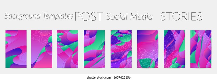 Abstract vector Instagram stories background set with bright gradient wavy organic overlapping shapes grunge textured. Disco music 80’s poster design. Blog post frame or border. Social media booster.